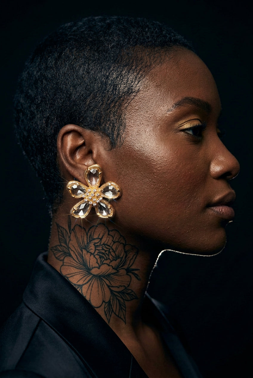 Gold flower crystal stud earrings